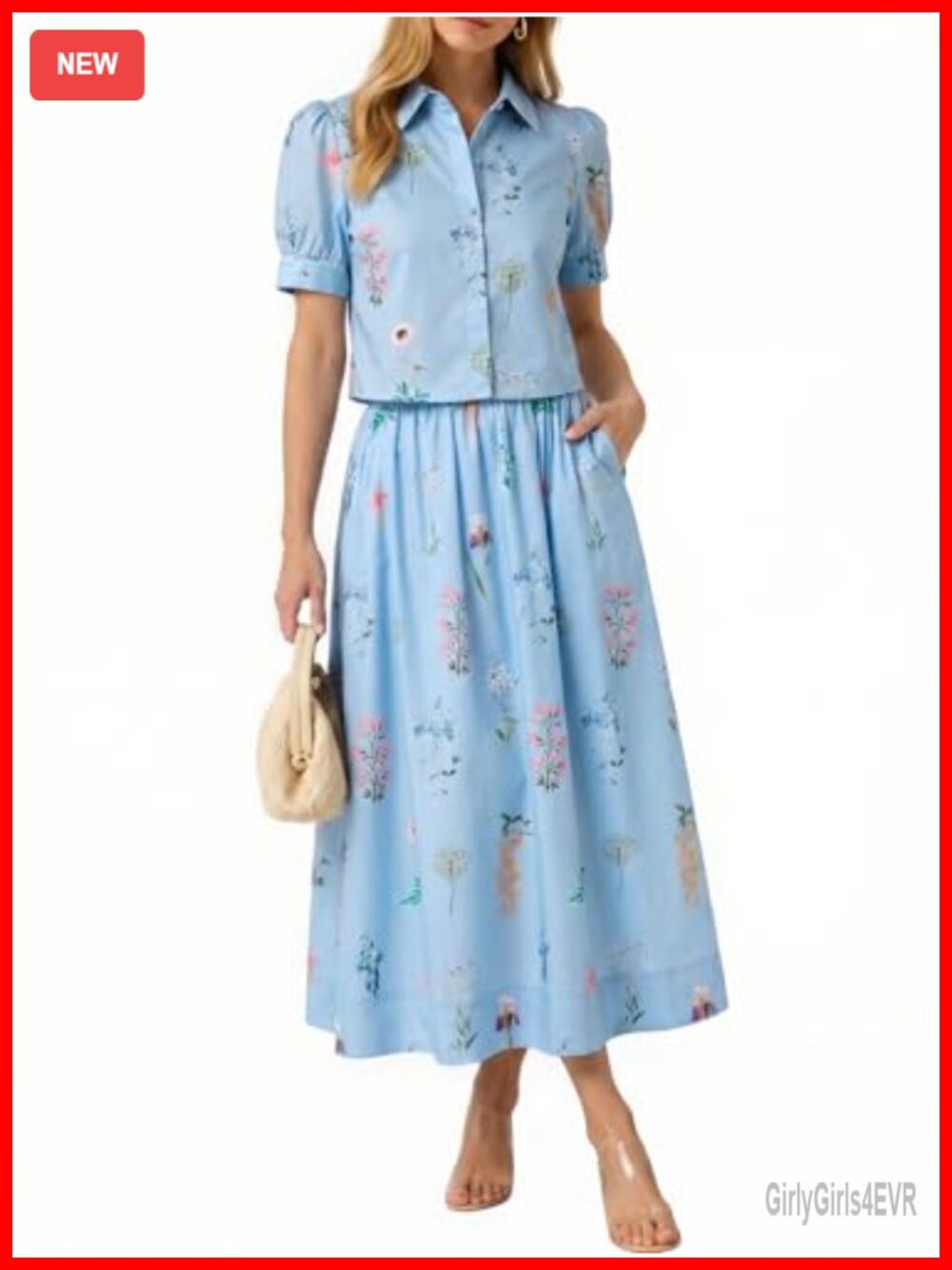 Womens Floral 2 Piece Skirt Set Puff Sleeve Crop Blouse Matching Vacation Outfit
